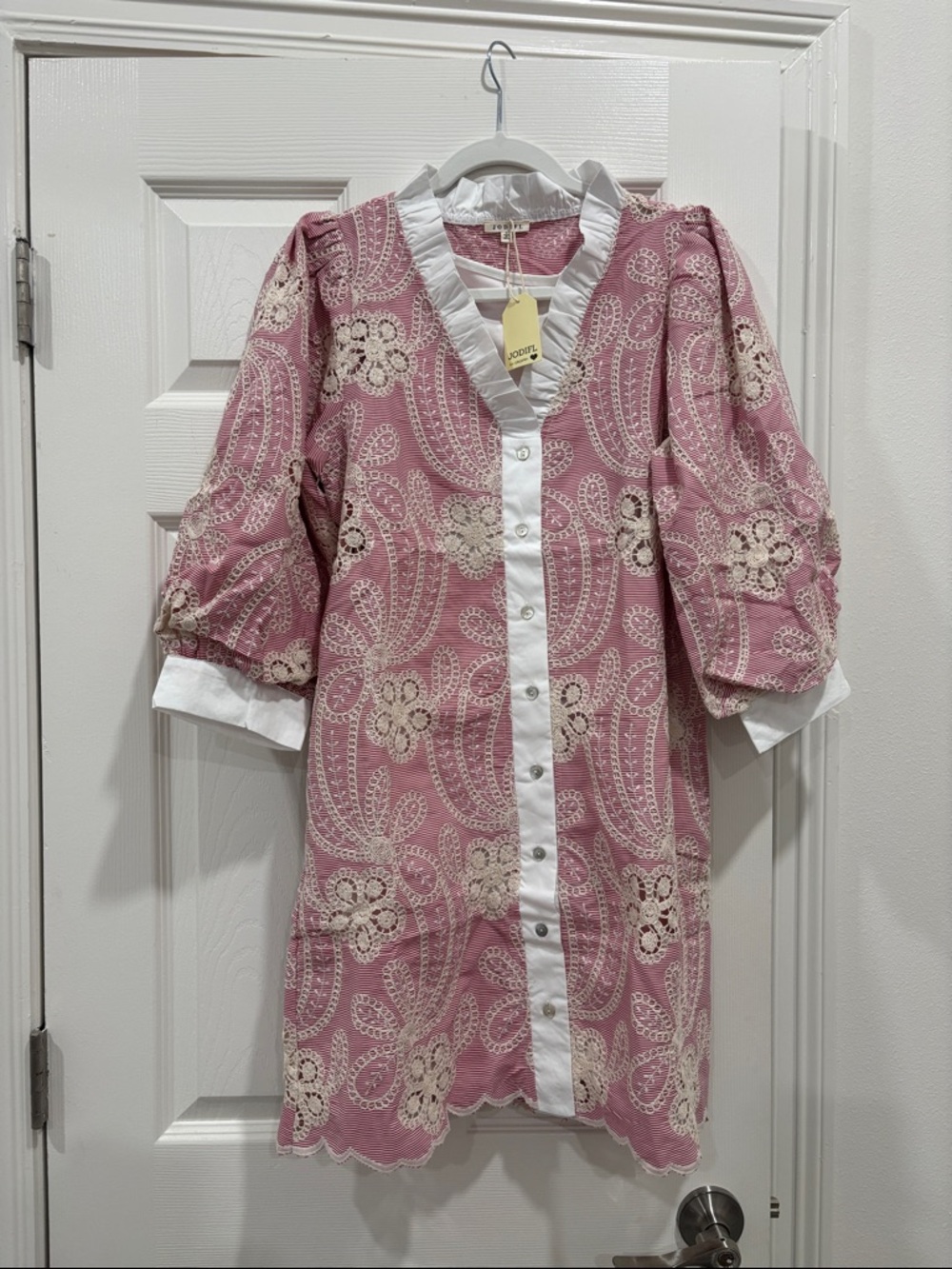 Jodifl Pink Eyelet Button-Front Tunic with White Trim- Dress
